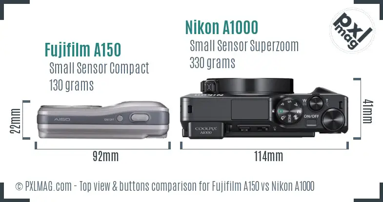 Fujifilm A150 vs Nikon A1000 top view buttons comparison