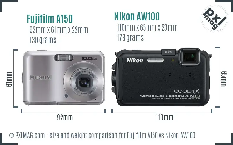 Fujifilm A150 vs Nikon AW100 size comparison