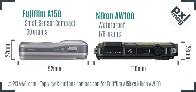 Fujifilm A150 vs Nikon AW100 top view buttons comparison