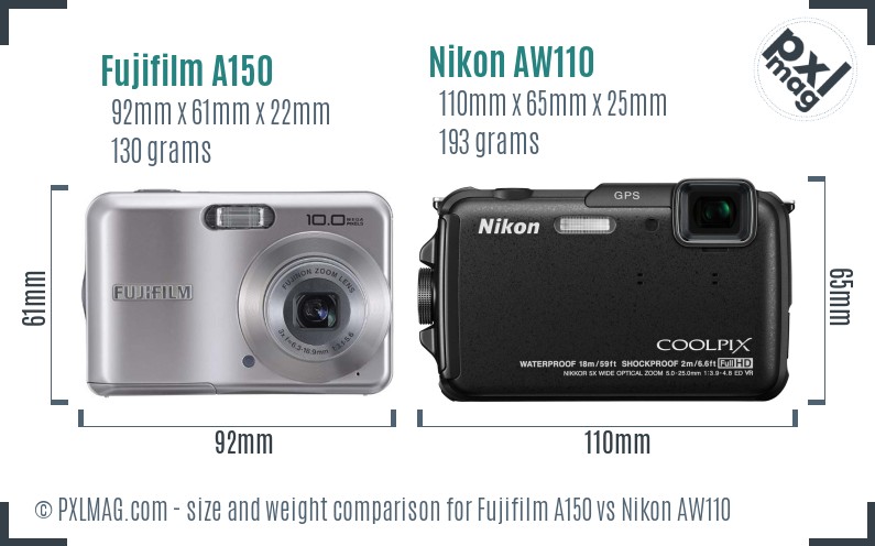 Fujifilm A150 vs Nikon AW110 size comparison