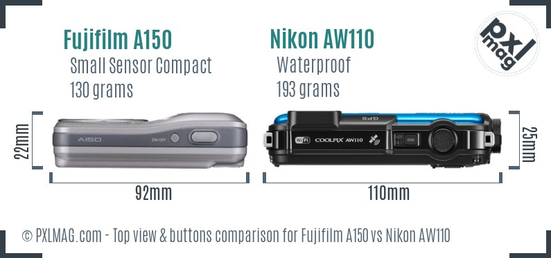 Fujifilm A150 vs Nikon AW110 top view buttons comparison