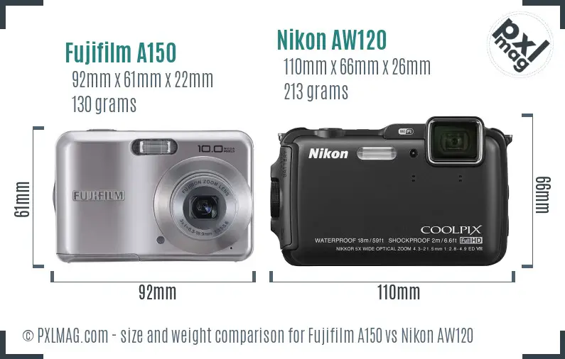 Fujifilm A150 vs Nikon AW120 size comparison