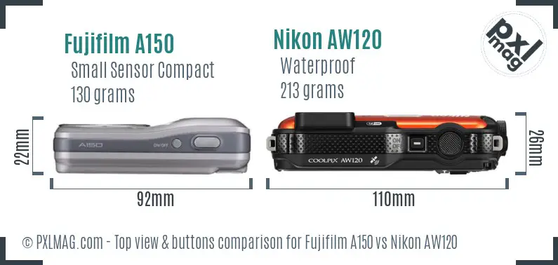 Fujifilm A150 vs Nikon AW120 top view buttons comparison