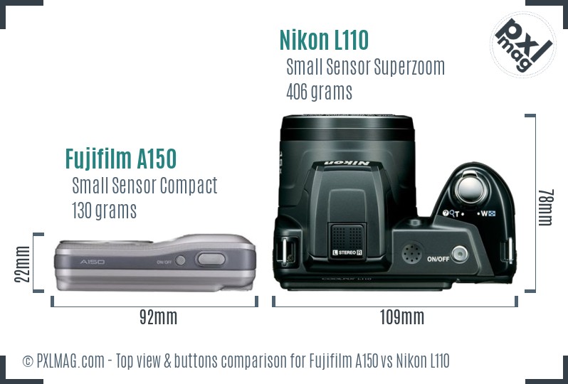 Fujifilm A150 vs Nikon L110 top view buttons comparison