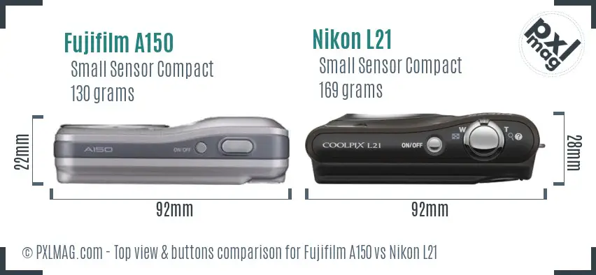 Fujifilm A150 vs Nikon L21 top view buttons comparison