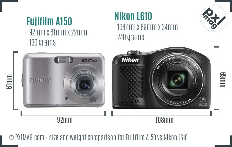 Fujifilm A150 vs Nikon L610 size comparison