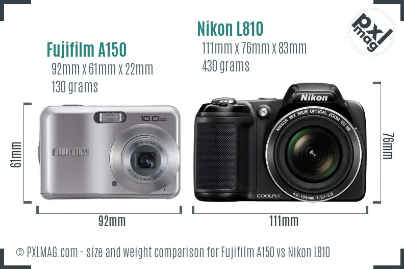 Fujifilm A150 vs Nikon L810 size comparison