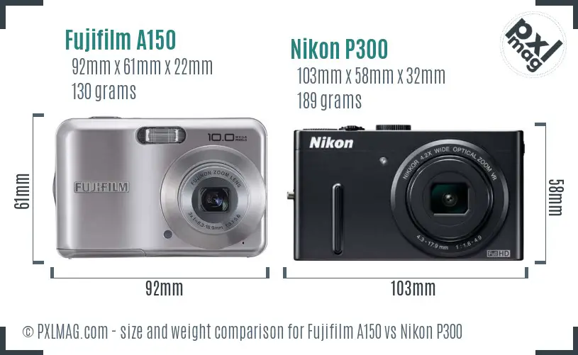 Fujifilm A150 vs Nikon P300 size comparison