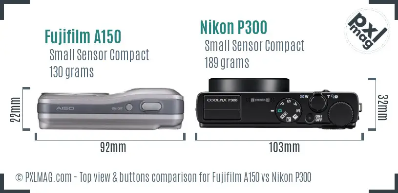 Fujifilm A150 vs Nikon P300 top view buttons comparison