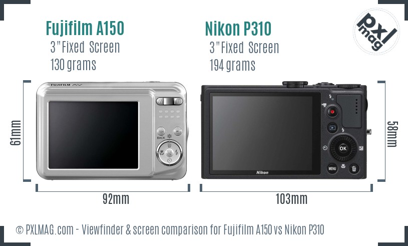 Fujifilm A150 vs Nikon P310 Screen and Viewfinder comparison
