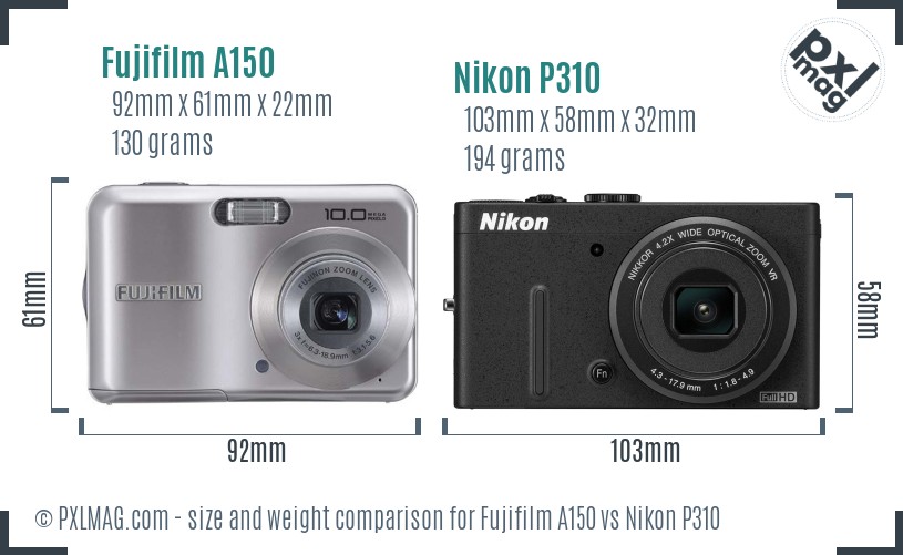 Fujifilm A150 vs Nikon P310 size comparison