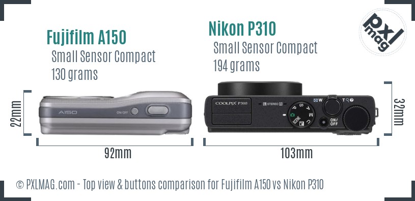 Fujifilm A150 vs Nikon P310 top view buttons comparison