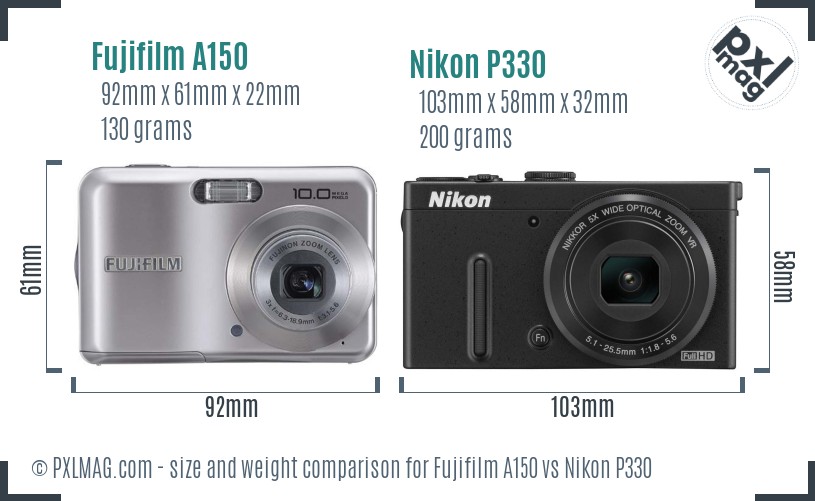 Fujifilm A150 vs Nikon P330 size comparison