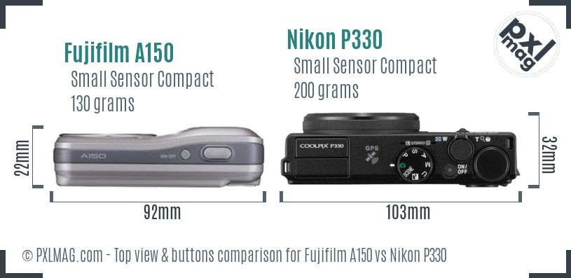 Fujifilm A150 vs Nikon P330 top view buttons comparison