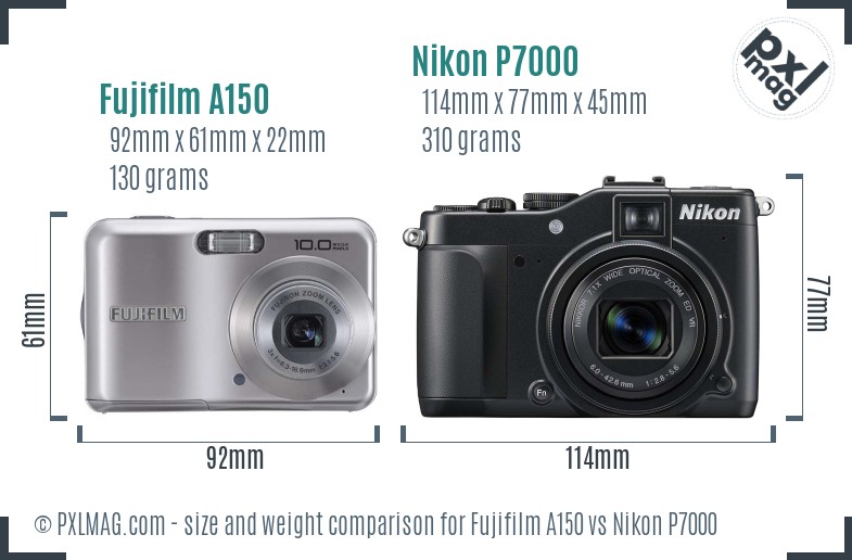 Fujifilm A150 vs Nikon P7000 size comparison