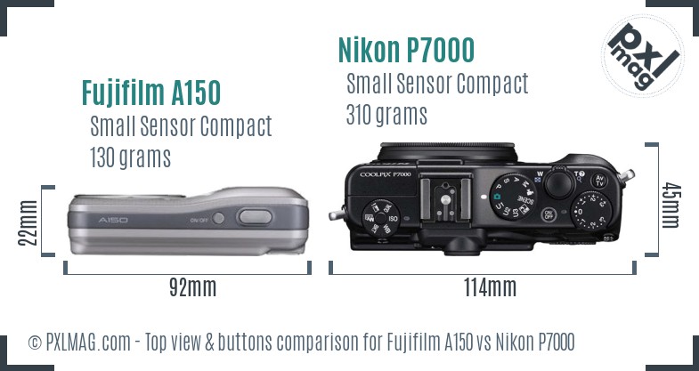 Fujifilm A150 vs Nikon P7000 top view buttons comparison