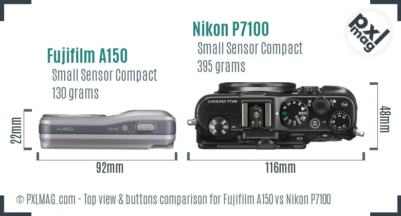 Fujifilm A150 vs Nikon P7100 top view buttons comparison