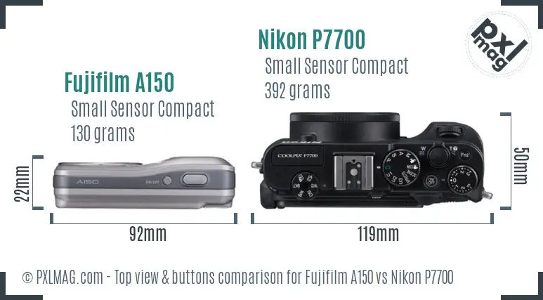 Fujifilm A150 vs Nikon P7700 top view buttons comparison