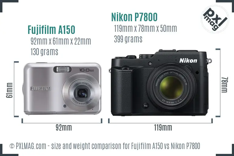 Fujifilm A150 vs Nikon P7800 size comparison