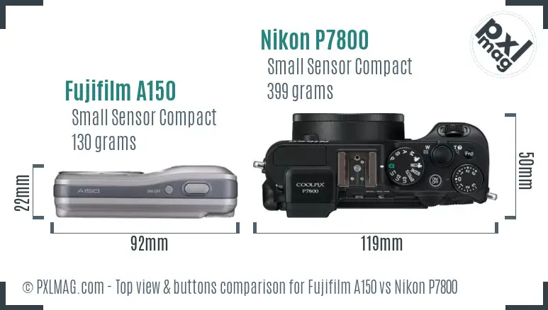 Fujifilm A150 vs Nikon P7800 top view buttons comparison