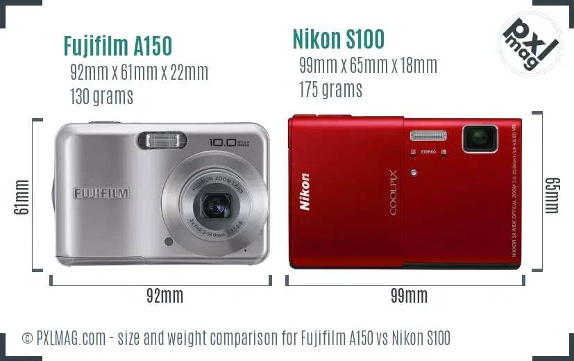 Fujifilm A150 vs Nikon S100 size comparison
