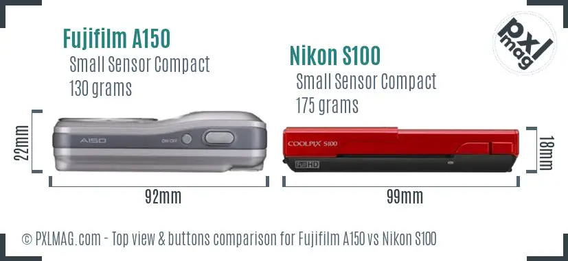 Fujifilm A150 vs Nikon S100 top view buttons comparison