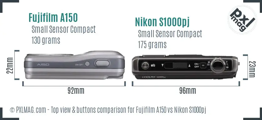 Fujifilm A150 vs Nikon S1000pj top view buttons comparison Fujifilm A150 vs Nikon S1000pj top view buttons comparison