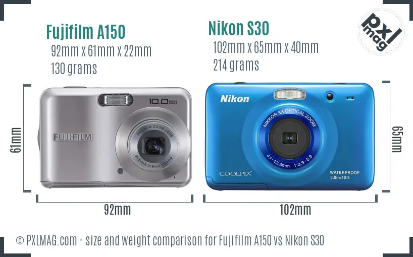 Fujifilm A150 vs Nikon S30 size comparison