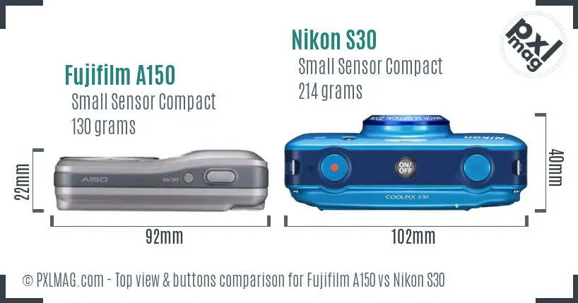 Fujifilm A150 vs Nikon S30 top view buttons comparison