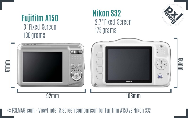 Fujifilm A150 vs Nikon S32 Screen and Viewfinder comparison