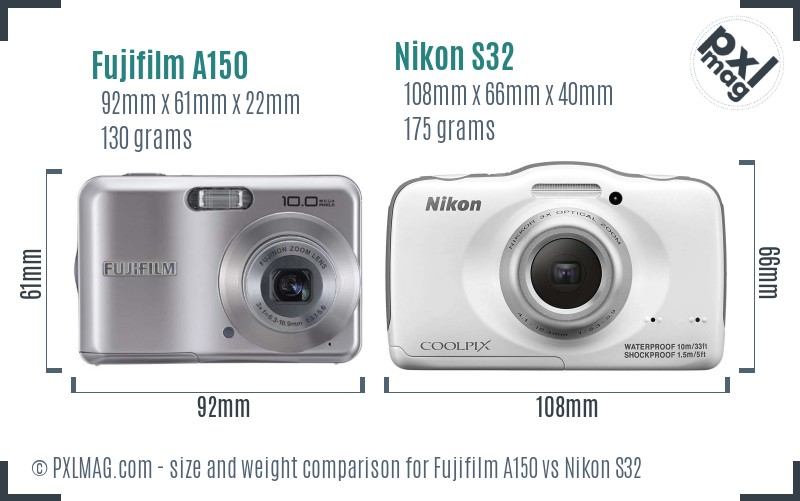 Fujifilm A150 vs Nikon S32 size comparison