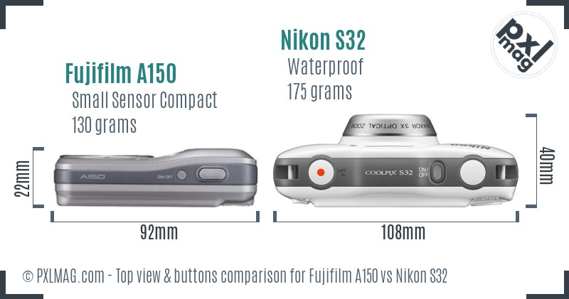 Fujifilm A150 vs Nikon S32 top view buttons comparison