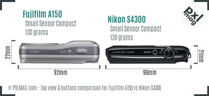 Fujifilm A150 vs Nikon S4300 top view buttons comparison