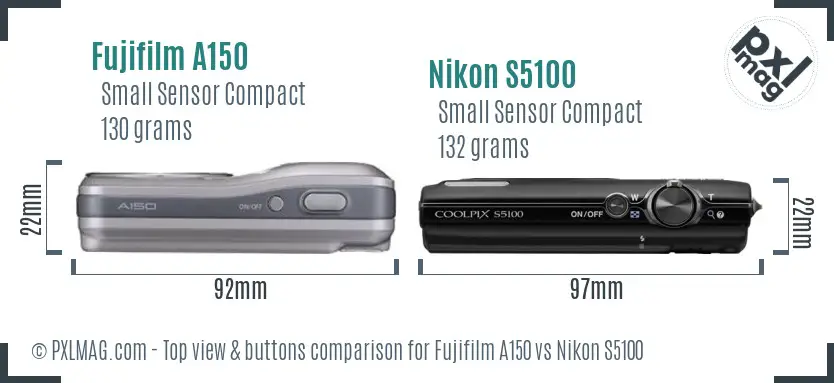 Fujifilm A150 vs Nikon S5100 top view buttons comparison Fujifilm A150 vs Nikon S5100 top view buttons comparison