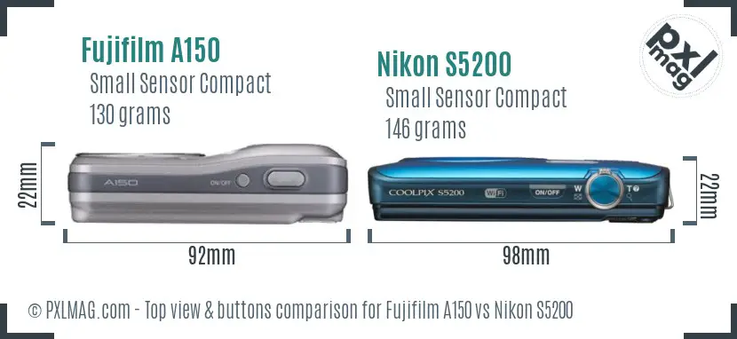 Fujifilm A150 vs Nikon S5200 top view buttons comparison