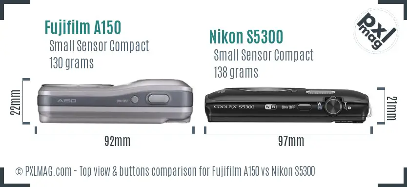 Fujifilm A150 vs Nikon S5300 top view buttons comparison