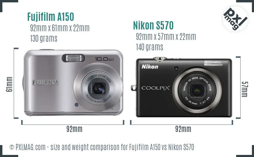 Fujifilm A150 vs Nikon S570 size comparison