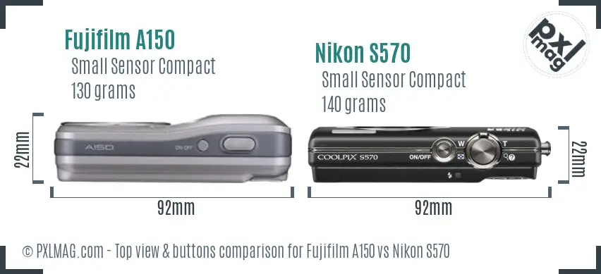 Fujifilm A150 vs Nikon S570 top view buttons comparison