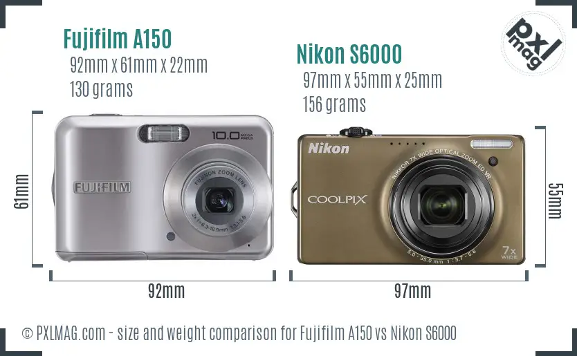Fujifilm A150 vs Nikon S6000 size comparison