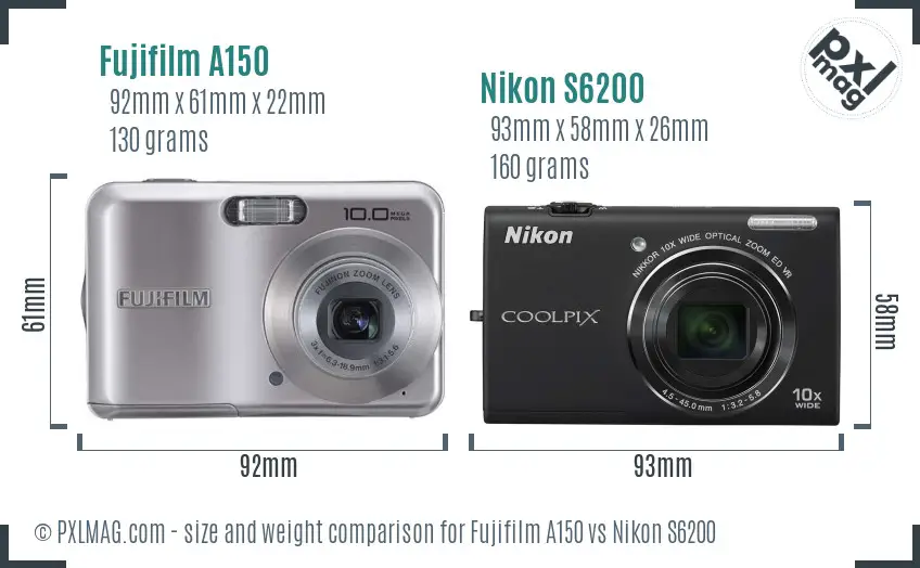 Fujifilm A150 vs Nikon S6200 size comparison
