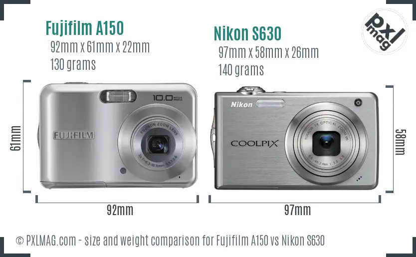 Fujifilm A150 vs Nikon S630 size comparison