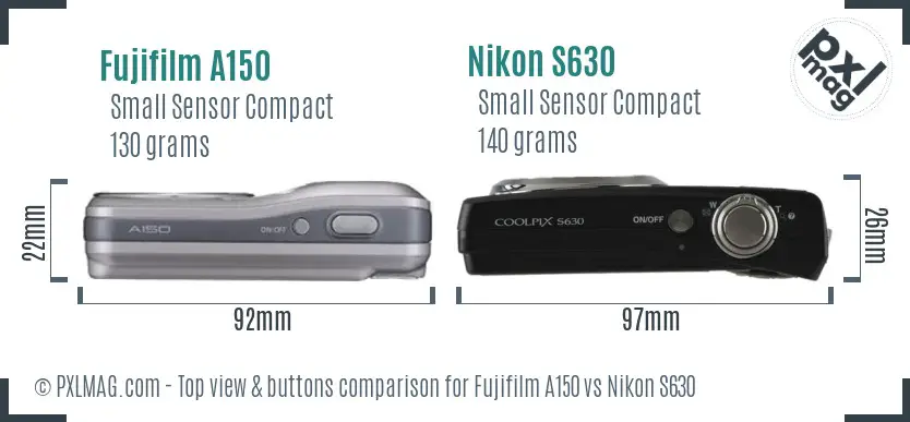 Fujifilm A150 vs Nikon S630 top view buttons comparison