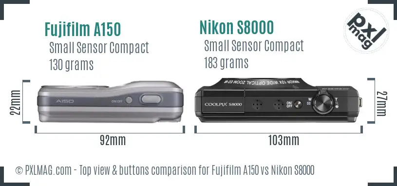Fujifilm A150 vs Nikon S8000 top view buttons comparison Fujifilm A150 vs Nikon S8000 top view buttons comparison