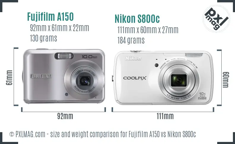 Fujifilm A150 vs Nikon S800c size comparison