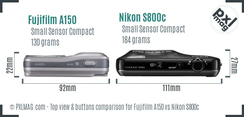 Fujifilm A150 vs Nikon S800c top view buttons comparison