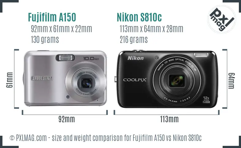 Fujifilm A150 vs Nikon S810c size comparison