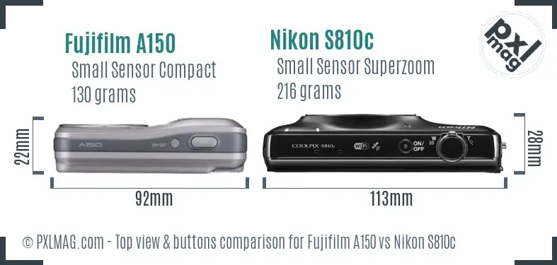 Fujifilm A150 vs Nikon S810c top view buttons comparison