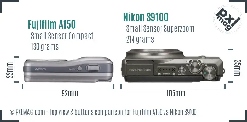 Fujifilm A150 vs Nikon S9100 top view buttons comparison