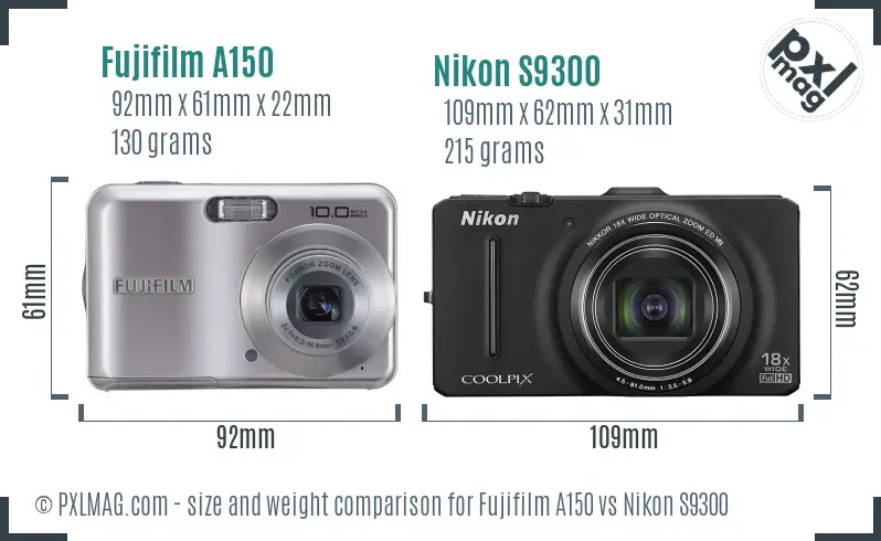 Fujifilm A150 vs Nikon S9300 size comparison