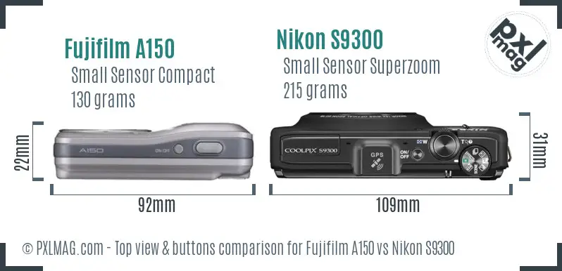 Fujifilm A150 vs Nikon S9300 top view buttons comparison